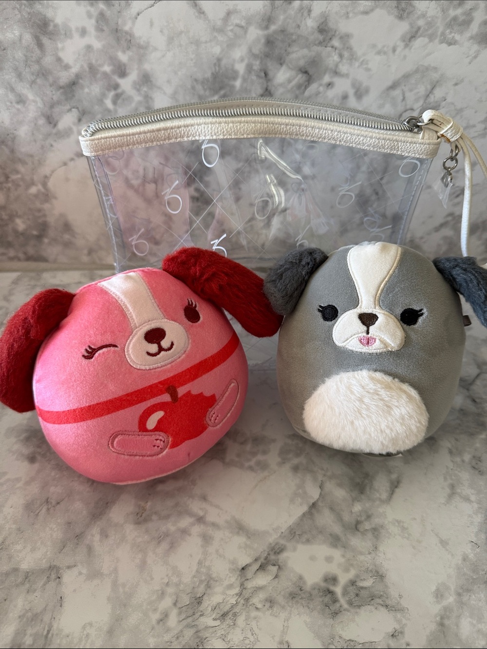 Bundle 2 squish mallows Plush Character with Red Accent and a clear cosmetic bag